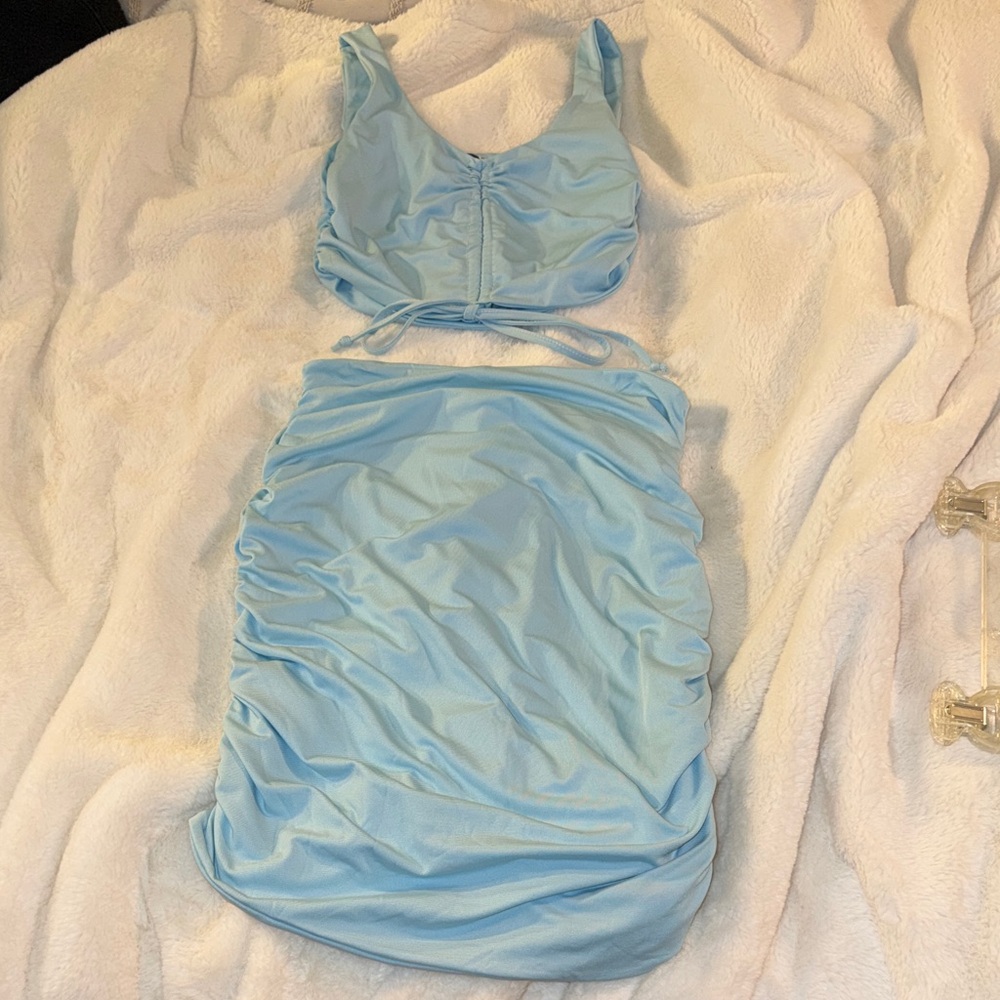 SHEIN Light Blue Ruched Skirt Set with Crop Top